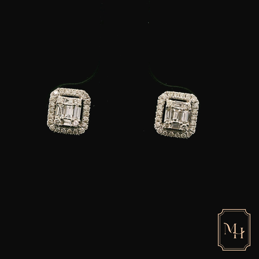 Single-Halo Diamond Baguette Earrings