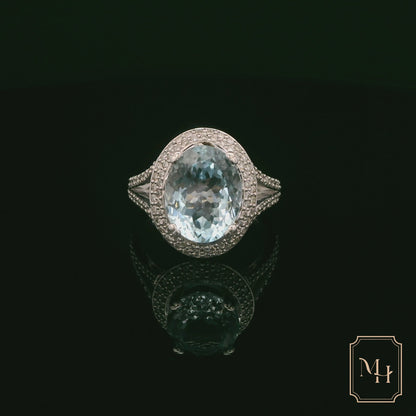 Oval-Aquamarine & Diamond Halo Ring